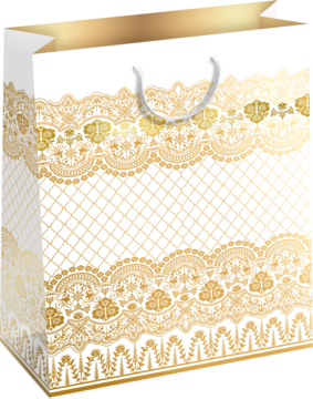 Luksusowa duża torebka prezentowa. Biała z lśniącym złotym wzorem koronki i geometrycznych linii, widok z przodu.