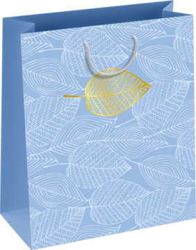 Luksusowa torebka prezentowa, duża, jasnoniebieska, z białym wzorem liści i złotym akcentem, widok z przodu.