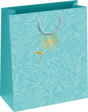 Duża, turkusowa torebka prezentowa luksusowa ze złotym kwiatem, delikatnym roślinnym wzorem i białymi sznurkami, widok z przodu.