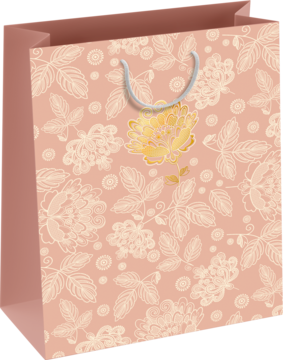 Duża luksusowa torebka prezentowa, beżowo-różowa z eleganckim złotym kwiatowym wzorem, widok z przodu.