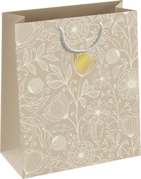 Luksusowa beżowa torba prezentowa z białym, kwiatowym wzorem, złotym kwiatem i białymi uchwytami, widok z przodu.