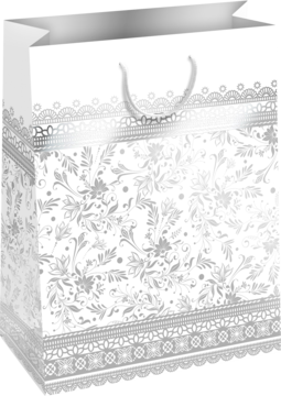 Luksusowa biała torebka prezentowa na kosmetyki, srebrne uchwyty i eleganckie kwiatowe zdobienia.