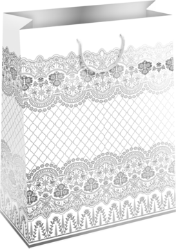 Luksusowa biała torebka prezentowa na kosmetyki, srebrny koronkowy wzór, kratka, ekologiczny uchwyt, przód.