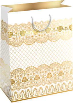 Luksusowa biała torebka prezentowa ze złotym koronkowym wzorem i białymi uchwytami, widok z przodu.