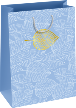 Luksusowa torebka prezentowa, jasnoniebieska z białym wzorem liści, złotą ozdobą i białymi uchwytami, na kosmetyki.