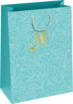 Luksusowa turkusowa torebka prezentowa, biały wzór kwiatowy, złoty kwiat, ekologiczny uchwyt, z boku.