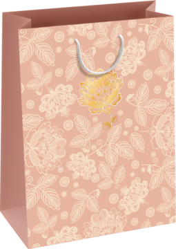 Luksusowa brzoskwiniowa torebka prezentowa z białym wzorem kwiatowym, złotym kwiatem i uchwytami.