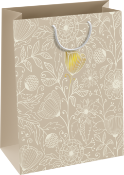 Luksusowa beżowa torebka na kosmetyki, floralny wzór, złoty kwiat, ekologiczny uchwyt, widok z przodu.