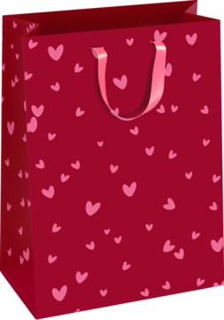 Luksusowa czerwona torebka prezentowa na Walentynki, z różowymi serduszkami i satynowymi uchwytami.