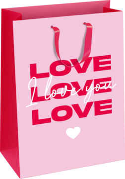 Różowa torebka prezentowa Walentynkowa z czerwonymi uchwytami, napisami LOVE oraz I love you i sercem.