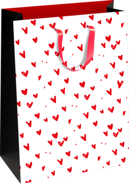 Luksusowa biała torba prezentowa z czerwonymi sercami, idealna na Walentynki, z uchwytami z czerwonej tasiemki.