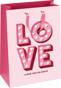 Różowa torebka prezentowa na Walentynki, duży różowy napis LOVE z podświetlanymi żarówkami, widok z przodu.