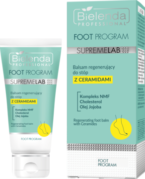 Bielenda Professional SUPREMELAB balsam do stóp z ceramidami, miętowe pudełko i tubka, widok z przodu.