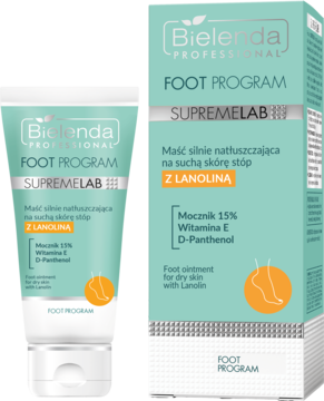 Bielenda SUPREMELAB maść z lanoliną na suchą skórę stóp, jasnoturkusowa tubka i pudełko obok siebie.