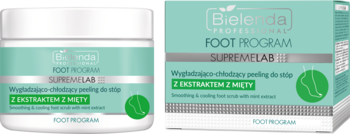 Bielenda Foot Program peeling z miętą, biały słoik i miętowe pudełko, front opakowania z logo Bielenda.