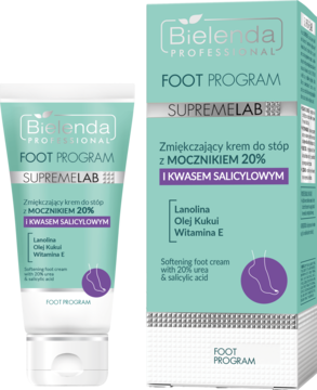 Bielenda Foot Program SUPREMELAB krem do stóp z 20% mocznikiem i kwasem salicylowym, tealowe opakowanie, widok z przodu.