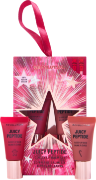 Revolution Juicy Peptide Mini Lip Balm Gift Set, różowe pudełko z gwiazdą i dwoma błyszczącymi balsamami, widok z przodu.