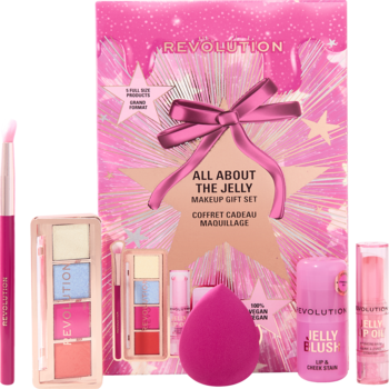 Różowy zestaw Revolution Beauty All About the Jelly Makeup Set. Zawiera viralowy róż i olejek do ust, widok z przodu.