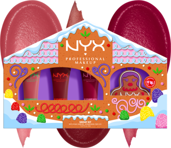 NYX Holiday Smushy Kit: wegański zestaw z 3 matowymi błyszczykami w świątecznym pudełku w kształcie piernikowego domku.