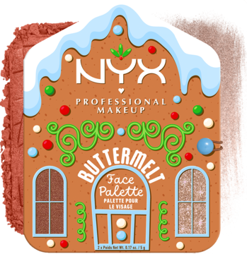 Świąteczna paleta do twarzy NYX Buttermelt, kształt domku z piernika, brązowa z białym lukrem i ozdobami.