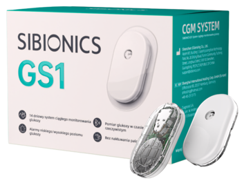 System Sibionics GS1 CGM: białe pudełko, zielone logo i dwa owalne sensory do ciągłego monitorowania glukozy.