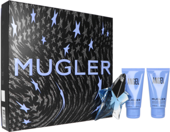 Zestaw Angel Mugler: błękitne perfumy-gwiazda, żel i balsam w niebieskich tubkach, oraz czarne pudełko w gwiazdy.
