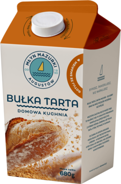 Biało-pomarańczowy karton bułki tartej Młyn Mazurki 680g, z dużym zdjęciem świeżego pieczywa na froncie.