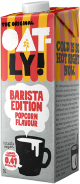 Karton Oatly Barista Edition Popcorn Flavour napój owsiany, paski czerwono-żółte, szary dół, czarny kubek, przód.