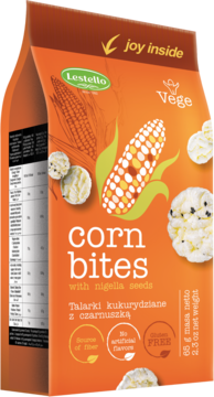 Lestello Corn Bites z czarnuszką, bezglutenowe. Pomarańczowa paczka stojąca, widok z przodu, grafiki kukurydzy.