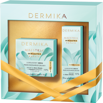 Zestaw DERMIKA MAESTRIA Repair: krem i serum w turkusowym pudełku ze złotymi akcentami, widok frontalny.