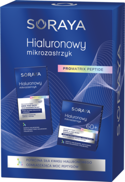Zestaw Soraya Hialuronowy Mikrozastrzyk Promatrix Peptide w niebieskim pudełku, z kremami: pod oczy i 60+.