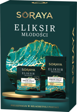 Zestaw Soraya Eliksir Młodości: krem i serum anti-ageing w zielono-złotym, eleganckim pudełku, widok z przodu.