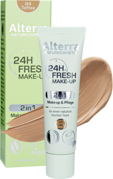 Alterra Naturkosmetik 24H Fresh Make-Up 04 Toffee, podkład 2w1 w zielonej tubce, z próbką koloru na tle.