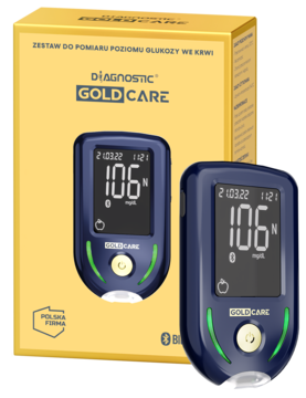 Zestaw Glukometr Diagnostic Gold Care. Żółte opakowanie i dwa ciemnoniebieskie urządzenia z wyświetlaczem 106 mg/dL.