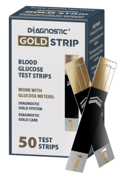 DIAGNOSTIC GOLD STRIP 50 pasków testowych do glukozy. Biało-złote pudełko, dwa czarno-złote paski. Widok z przodu.