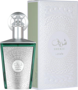 Perfumy Sherif Lattafa: zielona butelka z srebrną etykietą i pudełko z ozdobnym wzorem, widok z przodu.