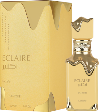 Złota butelka perfum Eclaire Banoffi Lattafa o kształcie stopionego złota, widok z przodu obok opakowania.