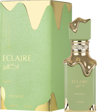 Eclaire Pistachio: jasnozielone perfumy z butelką i pudełkiem ozdobionym złotymi, spływającymi detalami, obok siebie.