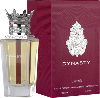 Perfumy unisex Dynasty Lattafa: butelka z płynem, srebrną koroną i bordowe pudełko z ornamentem, widok z przodu.