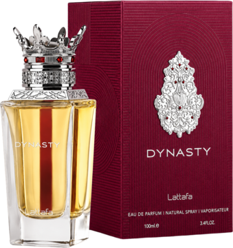 Lattafa Dynasty, złota butelka perfum z koroną i czerwone ozdobne opakowanie obok, widok z przodu.