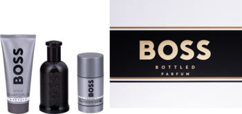 BOSS Bottled Parfum zestaw: czarny flakon, szara tubka, dezodorant i zbliżenie na złote logo na pudełku.