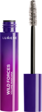 Tusz pogrubiający Lumene Wild Forces Volume w fioletowej tubie, z wyjętą szczoteczką, widok z boku.