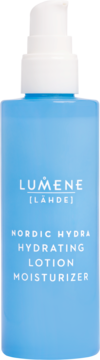 LUMENE NORDIC HYDRA nawilżający lotion w błękitnej butelce z białą pompką, widok z przodu.