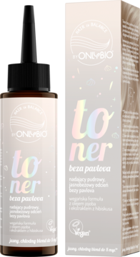 OnlyBio Toner beza pavlova, butelka z kroplomierzem i kartonik. Wegański, jasnobeżowy odcień.