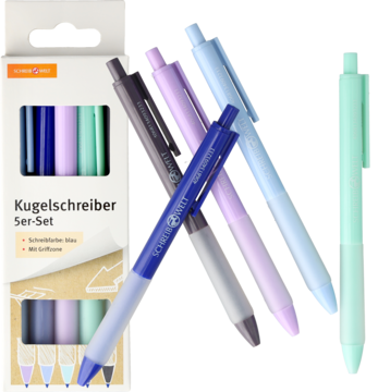 Zestaw pastelowych długopisów z niebieskim wkładem i strefą uchwytu, widok z opakowaniem produktu.