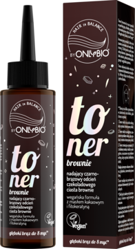 OnlyBio Toner brownie, nadający czarno-brązowy odcień włosom. Ciemna butelka z dozownikiem i pudełko, widok pod kątem.