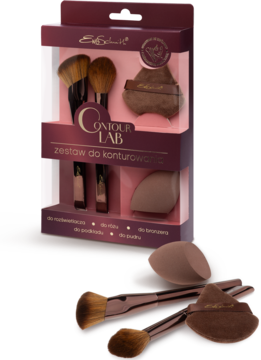 Zestaw Contour Lab z brązowymi pędzlami i gąbkami do konturowania, widok w opakowaniu i osobno.