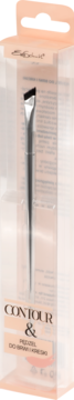 Pędzel Contour do brwi i kresek w przezroczystym opakowaniu z brzoskwiniowym wieszakiem, widok z przodu.