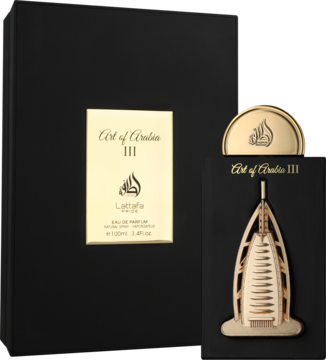 Zestaw perfum Lattafa Pride Art of Arabia III: czarne pudełko ze złotą etykietą i złotą repliką Burj Al Arab.