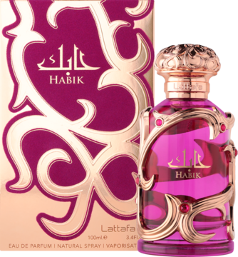 Habik For Women Lattafa, kwiatowo-owocowe perfumy w różowej butelce ze złotymi zdobieniami, na tle złotego pudełka.